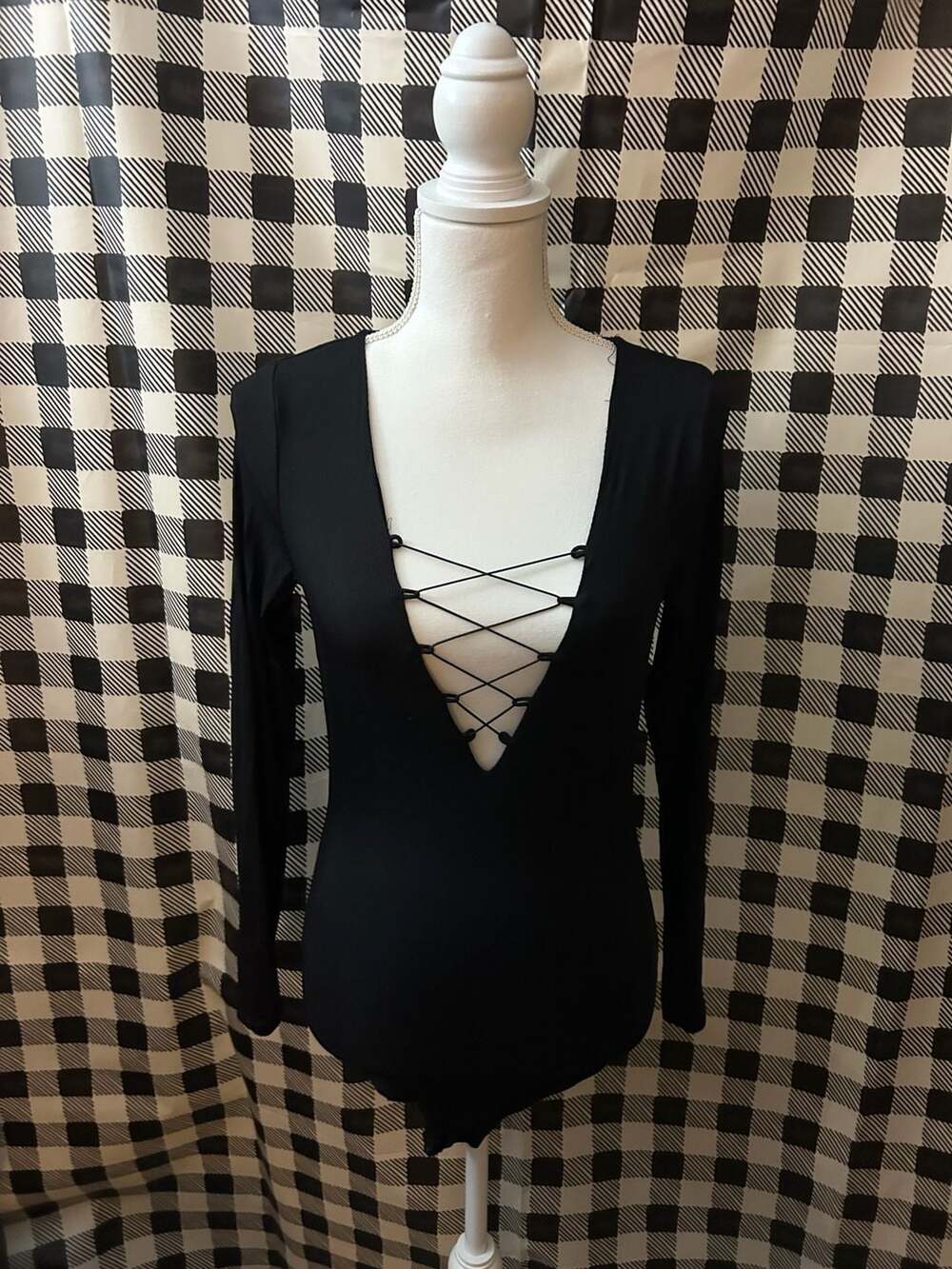 Black Long Sleeve Deep V-Neck Lace-Up Bodysuit